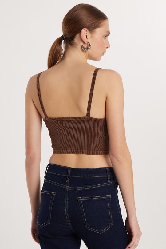 Kadın Slim Fit Kare Yaka Düz Basic Kahverengi Crop Atlet