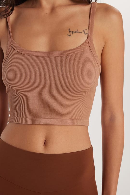 Kadın Slim Fit Kare Yaka Düz Basic Kahverengi Crop Atlet