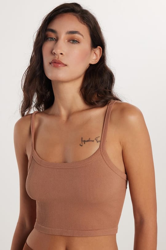 Kadın Slim Fit Kare Yaka Düz Basic Kahverengi Crop Atlet
