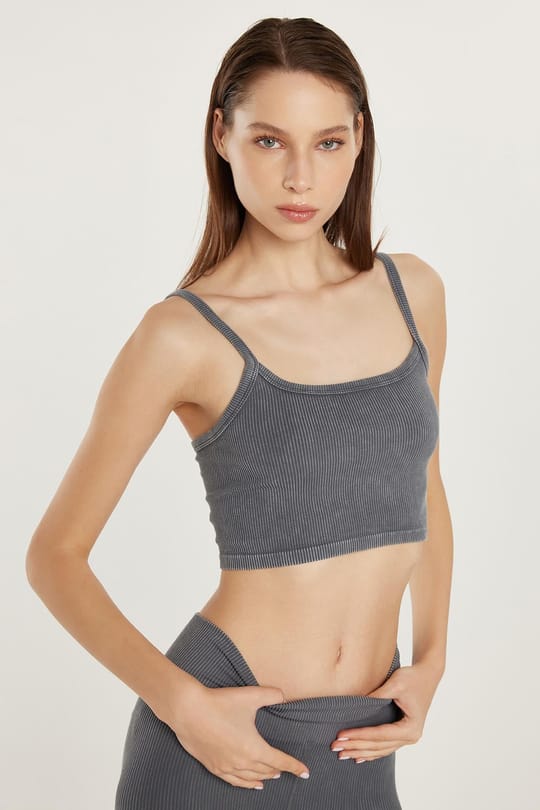 Kadın Slim Fit Kare Yaka Düz Basic Gri Atlet