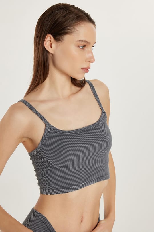 Kadın Slim Fit Kare Yaka Düz Basic Gri Crop Atlet