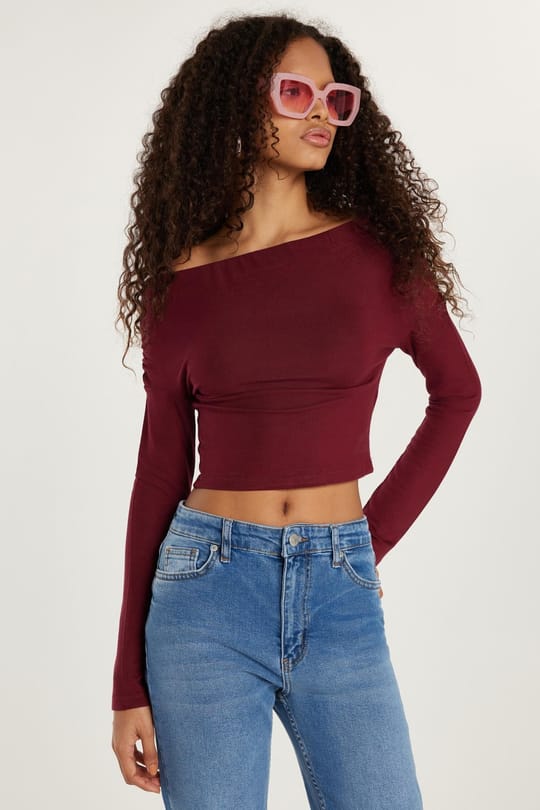 Kadın Slim Fit Dar Kesim Kayık Yaka Viskon Bordo Bluz