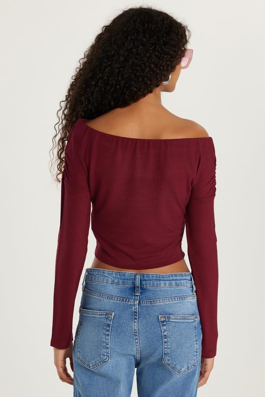 Kadın Slim Fit Dar Kesim Kayık Yaka Viskon Bordo Bluz