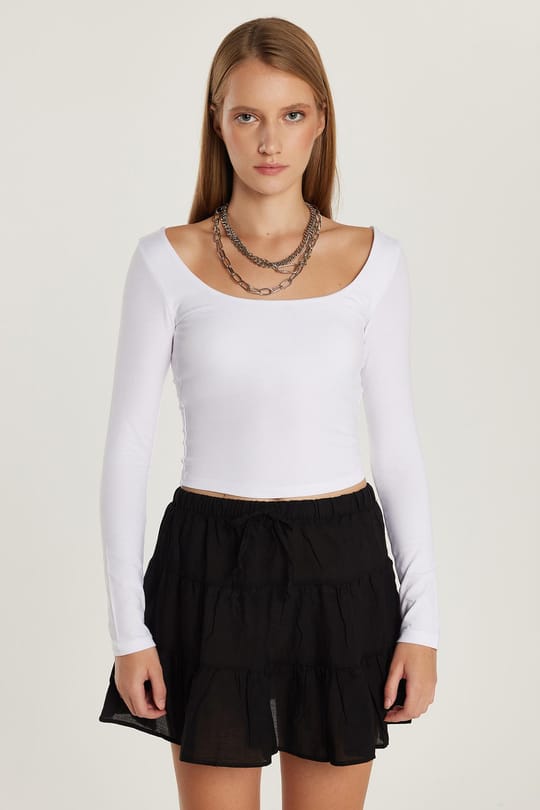 Kadın Slim Fit Dar Kesim Pamuklu Kayık Yaka Beyaz Bluz