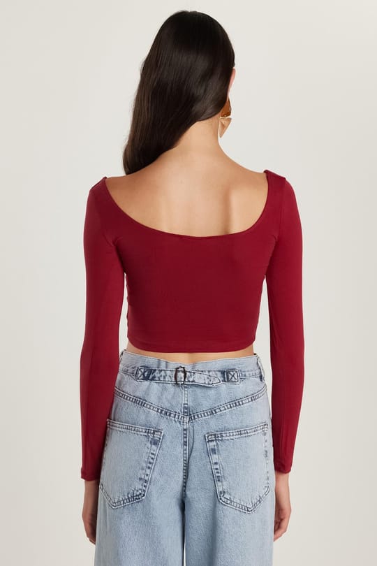 Kadın Slim Fit Dar Kesim Pamuklu Kayık Yaka Bordo Bluz