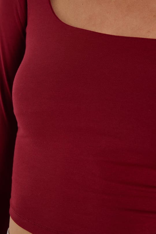 Kadın Slim Fit Dar Kesim Pamuklu Kayık Yaka Bordo Bluz