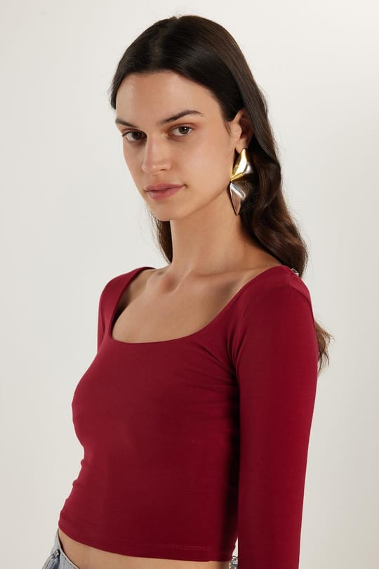 Kadın Slim Fit Dar Kesim Pamuklu Kayık Yaka Bordo Bluz