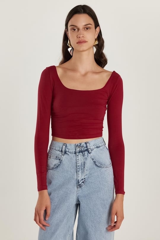 Kadın Slim Fit Dar Kesim Pamuklu Kayık Yaka Bordo Bluz