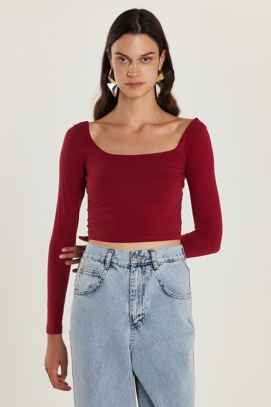 Kadın Slim Fit Dar Kesim Pamuklu Kayık Yaka Bordo Bluz