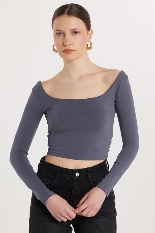 Kadın Slim Fit Dar Kesim Pamuklu Kayık Yaka Antrasit Bluz