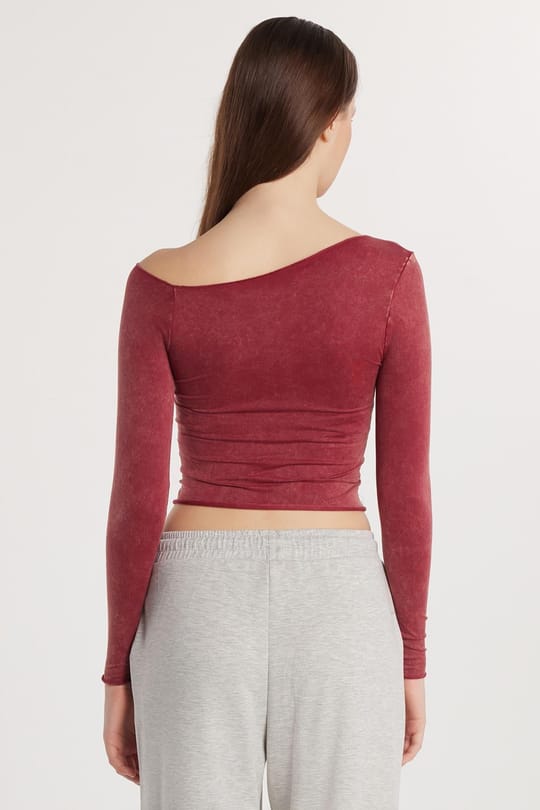 Kadın Slim Fit Dar Kesim Omuz Detaylı Bordo Bluz