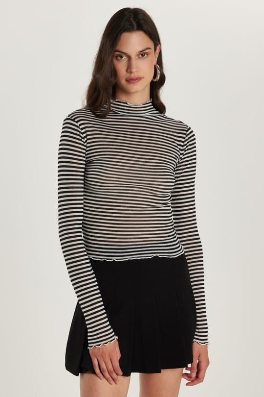 Kadın Slim Fit Dar Kesim Uzun Kollu Çizgili Yarım Balıkçı Yaka Bluz