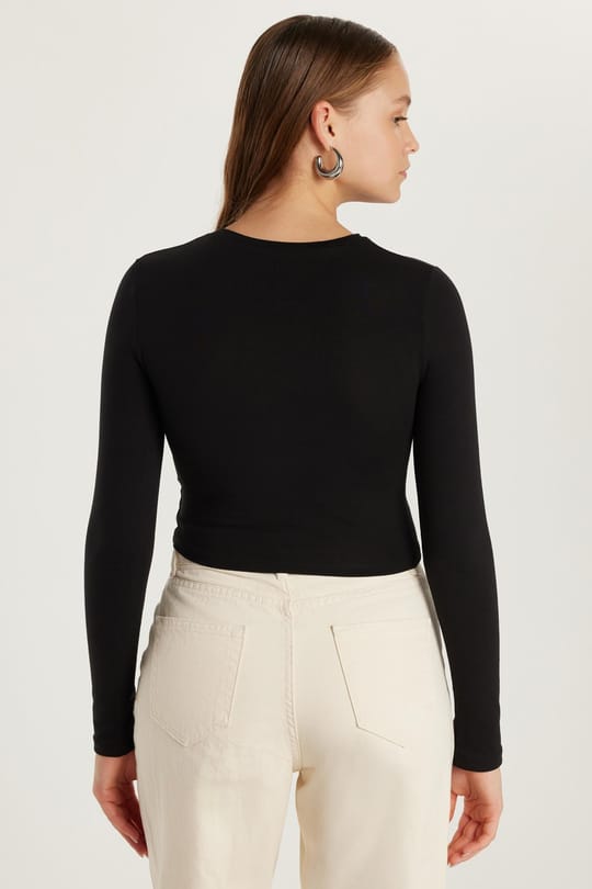 Kadın Slim Fit Dar Kesim Uzun Kollu Bisiklet Yaka Siyah Bluz