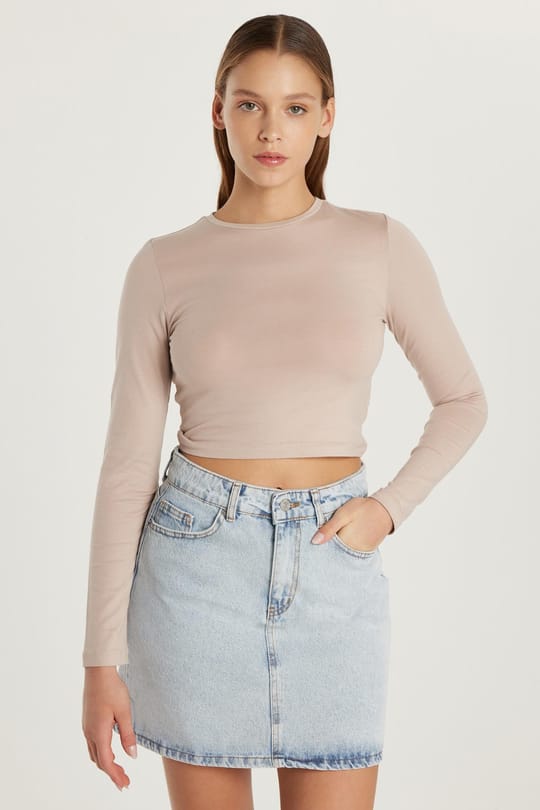 Kadın Slim Fit Dar Kesim Uzun Kollu Bisiklet Yaka Bej Bluz