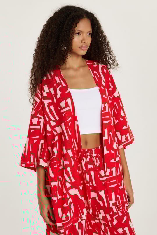 Kadın Relax Fit Rahat Kesim V Yaka Geniş Kollu Baskılı Kimono