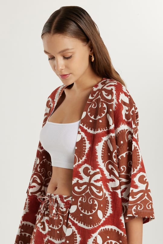 Kadın Relax Fit Rahat Kesim V Yaka Geniş Kollu Baskılı Kimono