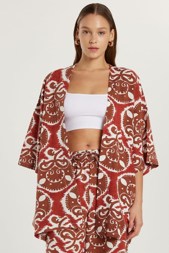 Kadın Relax Fit Rahat Kesim V Yaka Geniş Kollu Baskılı Kimono