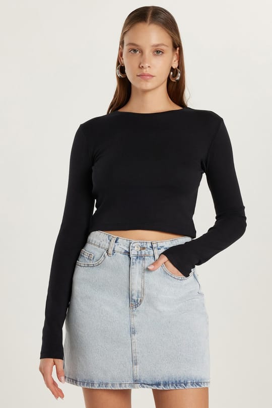 Kadın Slim Fit Dar Kesim Uzun Kollu Bisiklet Yaka Siyah Bluz