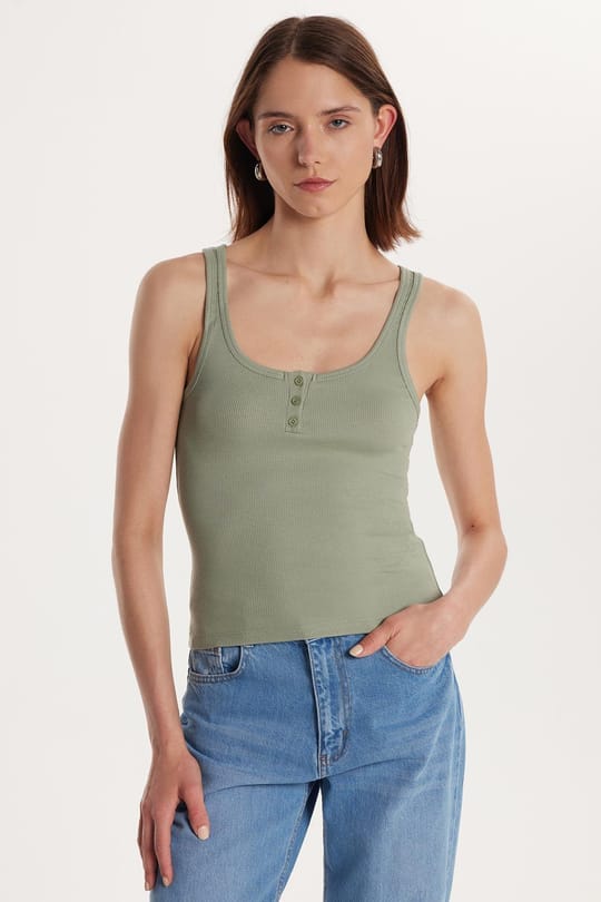 Kadın Modal Kumaş Standart Fit İnce Askılı U Yaka Düğmeli Mint Atlet