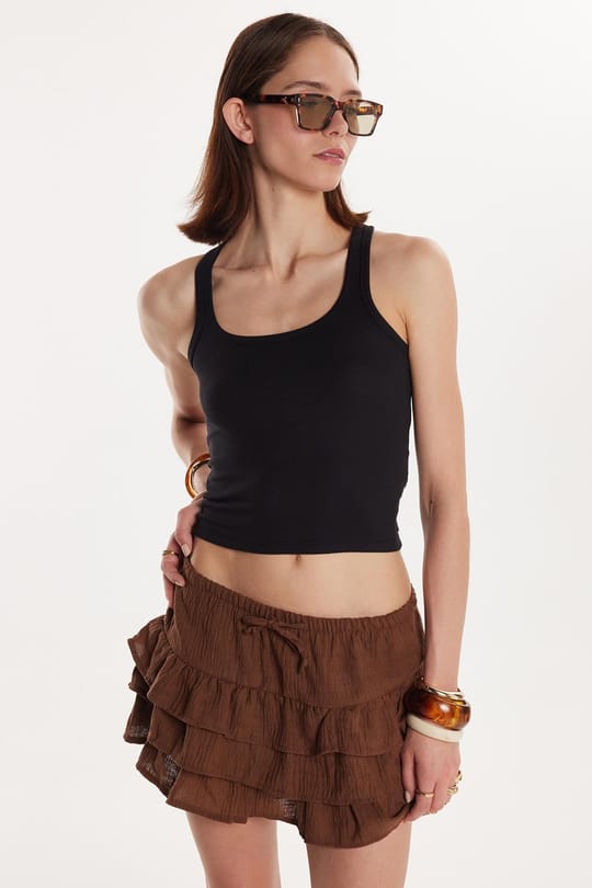 Kadın Slim Fit Dar Kesim İnce Askılı U Yaka Siyah Atlet