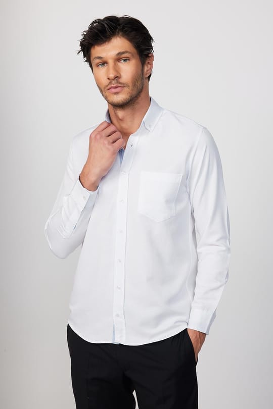 Klasik Fit Düğmeli Yaka Pamuklu Kolay Ütü Oxford Düz Erkek Gömlek