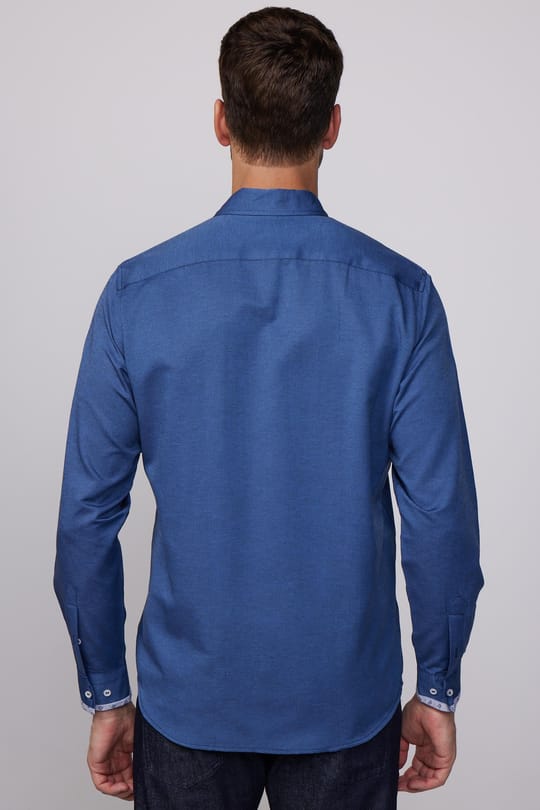 Erkek Regular Fit Klasik Kesim Pamuklu Oxford Doku Tek Cepli İndigo Düğmeli Yaka Gömlek