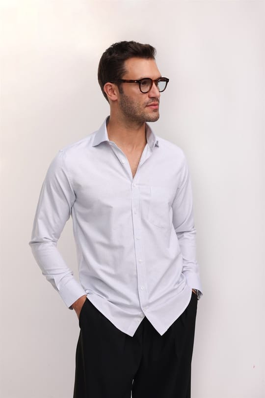 Erkek Regular Fit Klasik Kesim Pamuklu Kolay Ütü Çizgili Beyaz Gömlek