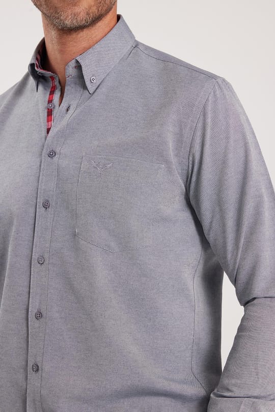 Erkek Regular Fit Klasik Kesim Pamuklu Oxford Doku Tek Cepli Gri Düğmeli Yaka Gömlek