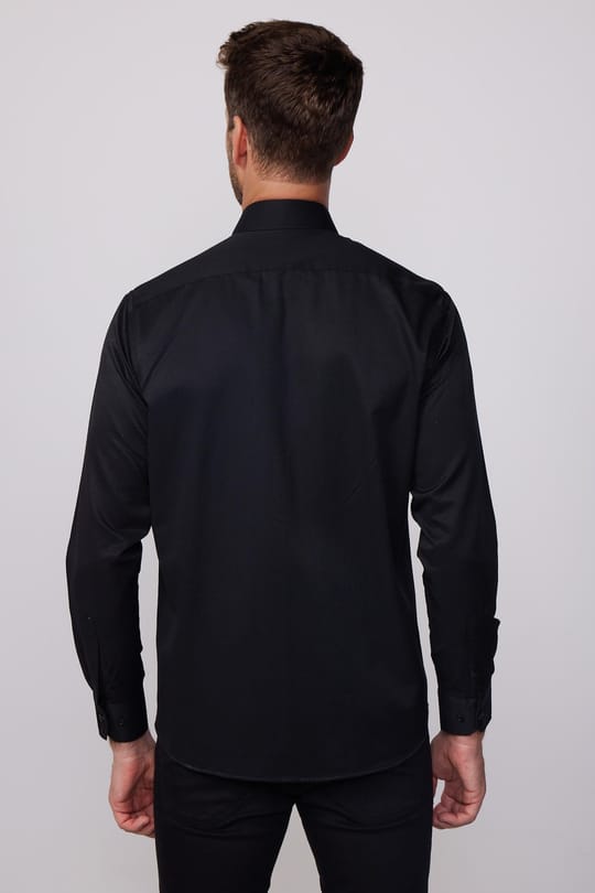 Erkek Regular Fit Klasik Kesim Armürlü Kravatlık Yaka Desenli Siyah Gömlek
