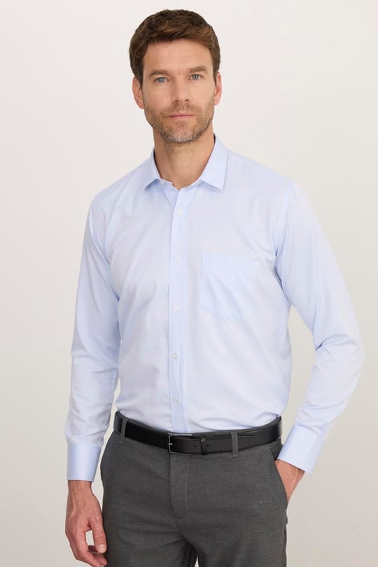 Erkek Regular Fit Klasik Kesim Pamuklu Kolay Ütü Armürlü Mavi Gömlek