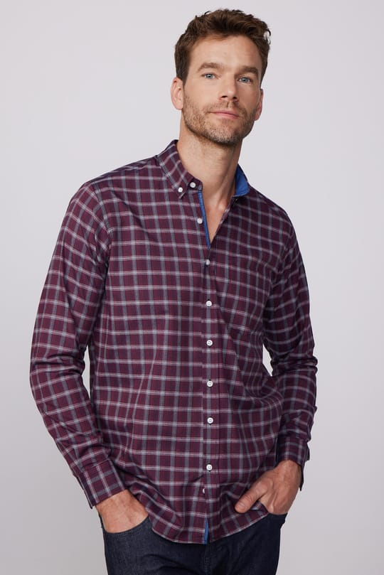 Klasik Fit Ekoseli Biyeli Yaka Düğmeli Erkek Gömlek