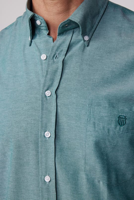 Erkek Regular Fit Klasik Kesim Oxford Doku Yaka Düğmeli Cepli Nakışlı Yeşil Gömlek
