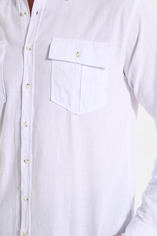 Erkek Regular Fit Klasik Kesim Oversize %100 Pamuk Keten Doku Çift Cep Beyaz Gömlek