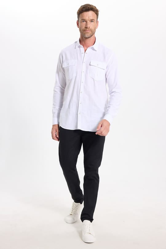 Erkek Regular Fit Klasik Kesim Oversize %100 Pamuk Keten Doku Çift Cep Beyaz Gömlek