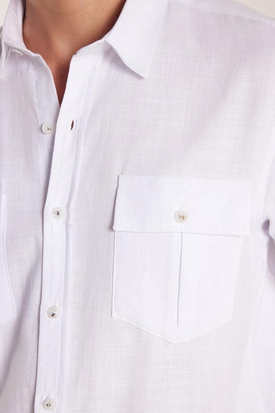 Erkek Regular Fit Klasik Kesim Oversize %100 Pamuk Keten Doku Çift Cep Beyaz Gömlek