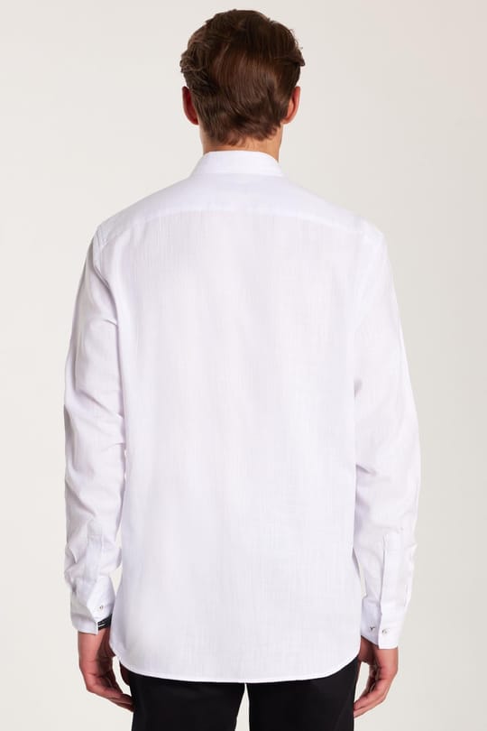 Erkek Regular Fit Klasik Kesim Oversize %100 Pamuk Keten Doku Çift Cep Beyaz Gömlek