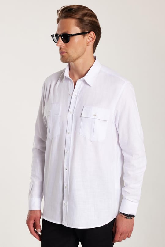 Erkek Regular Fit Klasik Kesim Oversize %100 Pamuk Keten Doku Çift Cep Beyaz Gömlek