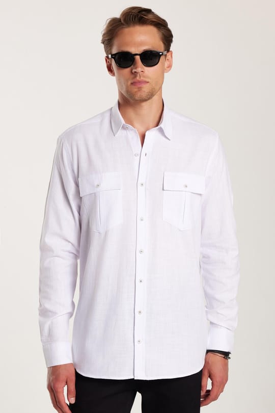 Erkek Regular Fit Klasik Kesim Oversize %100 Pamuk Keten Doku Çift Cep Beyaz Gömlek