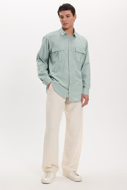 Erkek Regular Fit Klasik Kesim Oversize %100 Pamuk Keten Doku Çift Cep Yeşil Gömlek