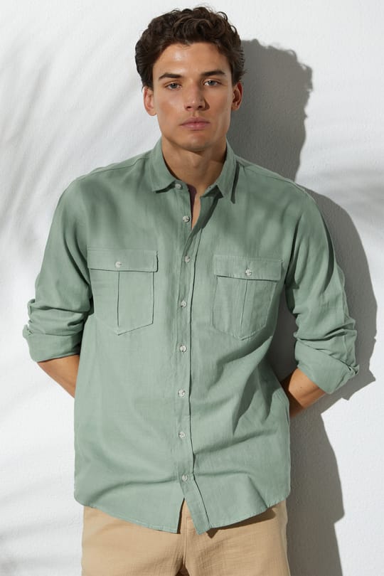 Erkek Regular Fit Klasik Kesim Oversize %100 Pamuk Keten Doku Çift Cep Yeşil Gömlek