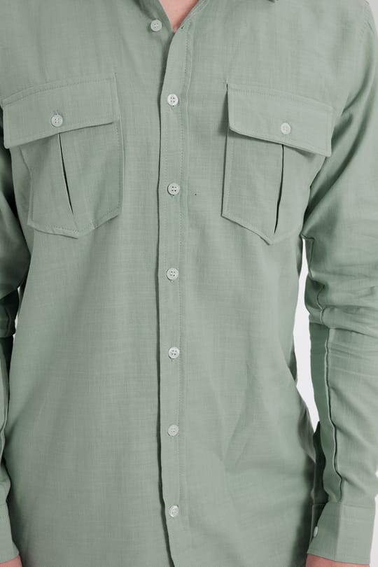 Erkek Regular Fit Klasik Kesim Oversize %100 Pamuk Keten Doku Çift Cep Yeşil Gömlek