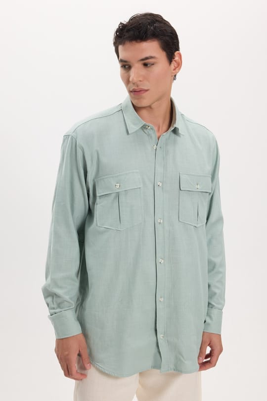 Erkek Regular Fit Klasik Kesim Oversize %100 Pamuk Keten Doku Çift Cep Yeşil Gömlek