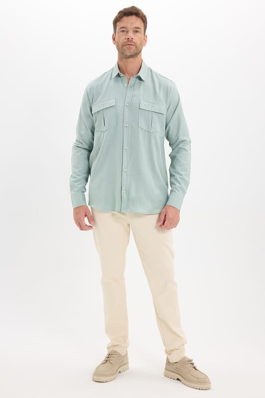 Erkek Regular Fit Klasik Kesim Oversize %100 Pamuk Keten Doku Çift Cep Yeşil Gömlek