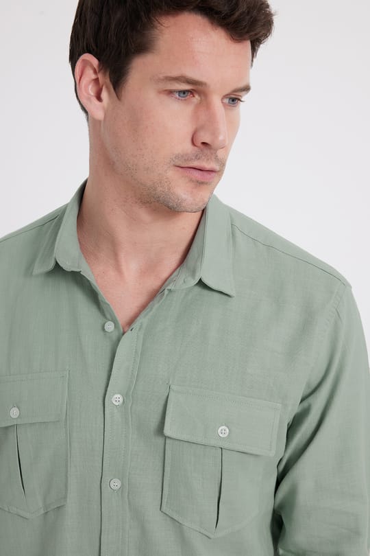 Erkek Regular Fit Klasik Kesim Oversize %100 Pamuk Keten Doku Çift Cep Yeşil Gömlek