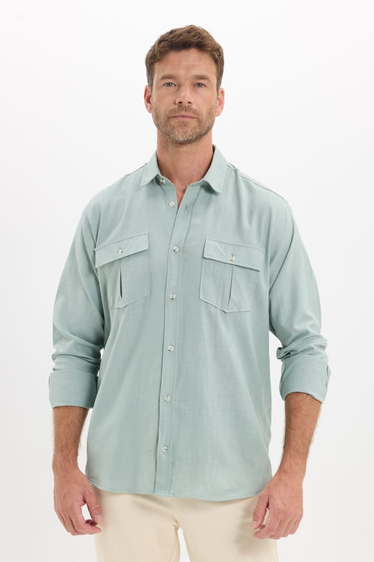 Erkek Regular Fit Klasik Kesim Oversize %100 Pamuk Keten Doku Çift Cep Yeşil Gömlek