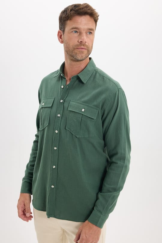 Erkek Regular Fit Klasik Kesim Oversize %100 Pamuk Keten Doku Çift Cep Haki Gömlek