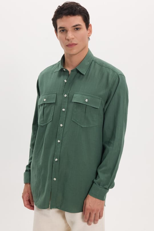 Erkek Regular Fit Klasik Kesim Oversize %100 Pamuk Keten Doku Çift Cep Haki Gömlek