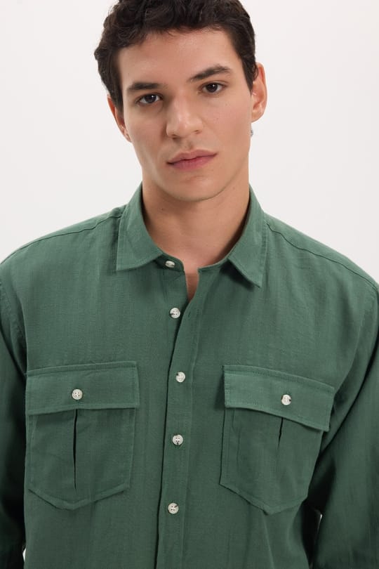 Erkek Regular Fit Klasik Kesim Oversize %100 Pamuk Keten Doku Çift Cep Haki Gömlek