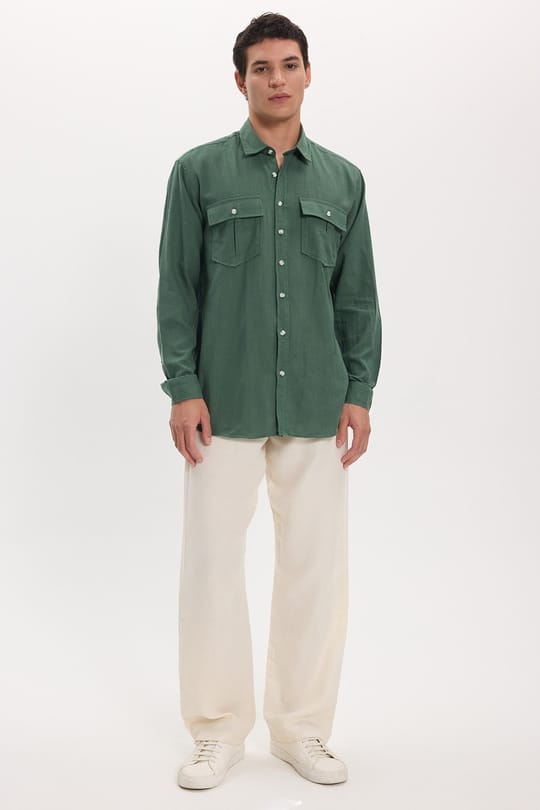 Erkek Regular Fit Klasik Kesim Oversize %100 Pamuk Keten Doku Çift Cep Haki Gömlek