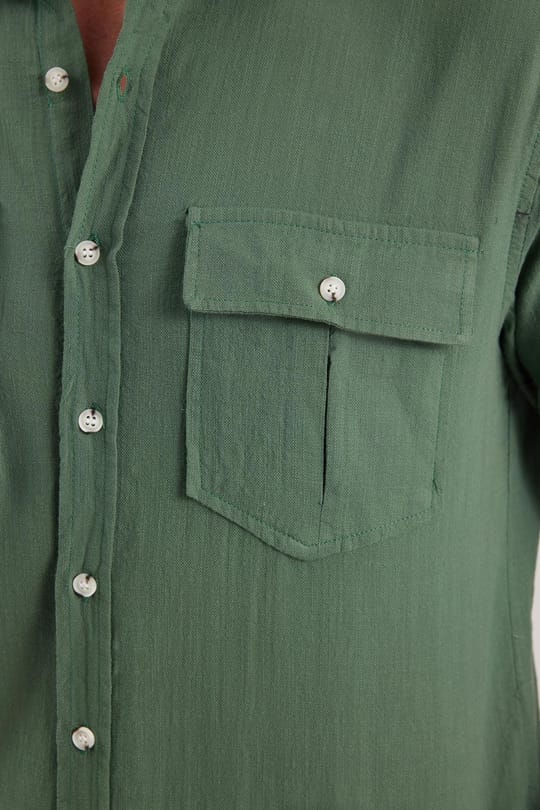 Erkek Regular Fit Klasik Kesim Oversize %100 Pamuk Keten Doku Çift Cep Haki Gömlek